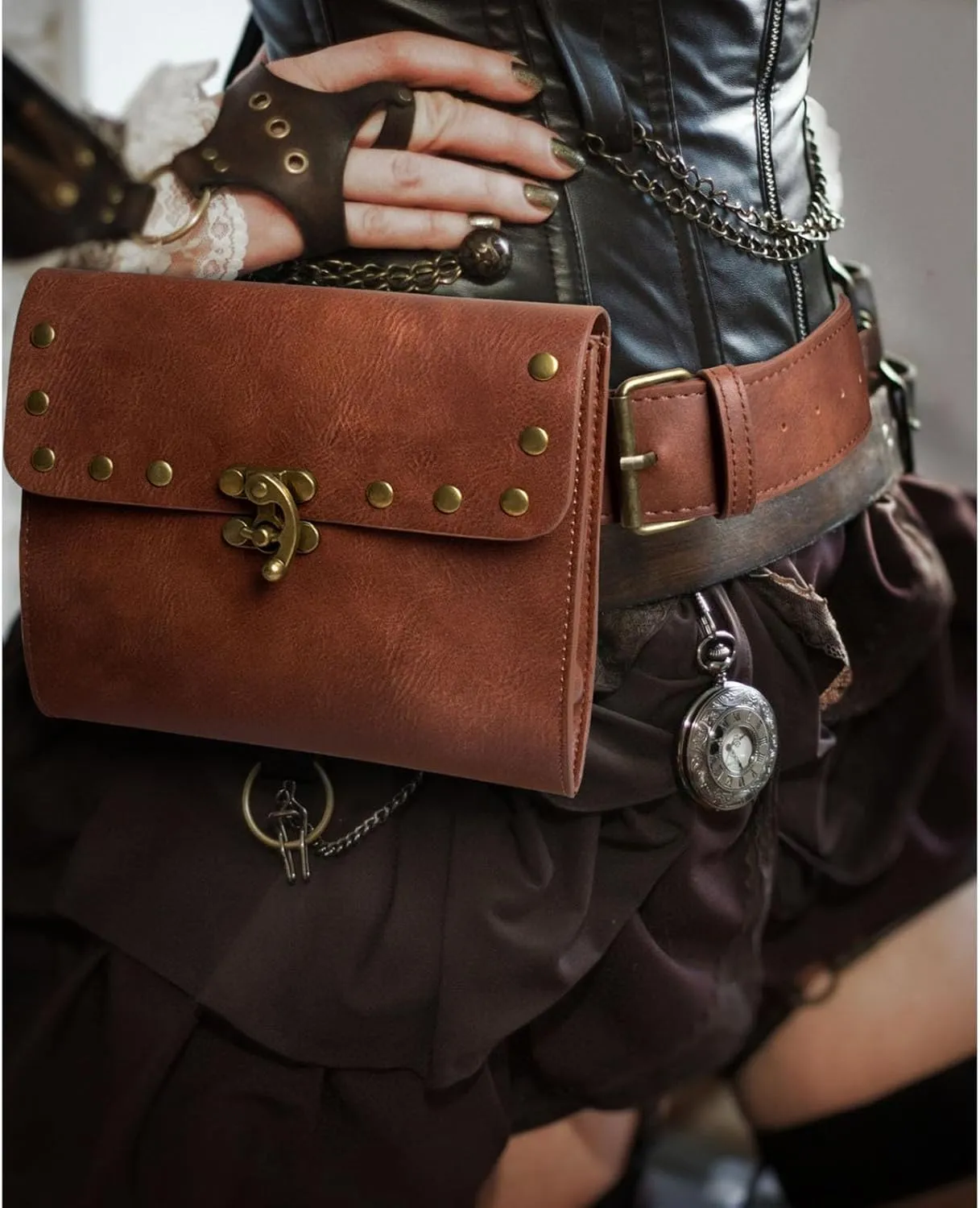 Waist Bag Belt Purse Fanny Pack Crossbody Motorcycle Hiking Phone Holder Wallet Vintage Leather Casual Fashion Daypack Gothic Festival Costume Hip Pouch for Women Men (Double-H2)