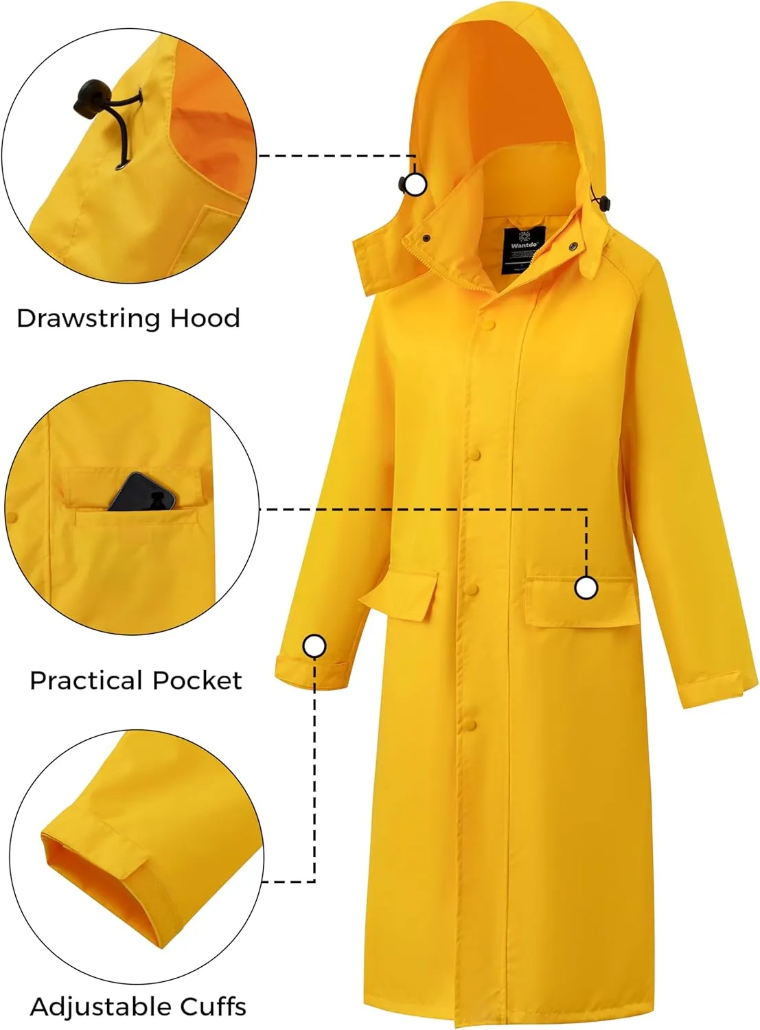 wantdo Long Rain Coat for Women Waterproof Raincoat with Hood Full Length Windbreaker Packable Trench Rain Jacket