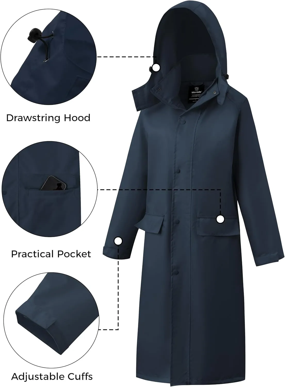 wantdo Long Rain Coat for Women Waterproof Raincoat with Hood Full Length Windbreaker Packable Trench Rain Jacket