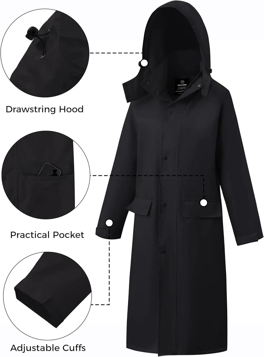 wantdo Long Rain Coat for Women Waterproof Raincoat with Hood Full Length Windbreaker Packable Trench Rain Jacket