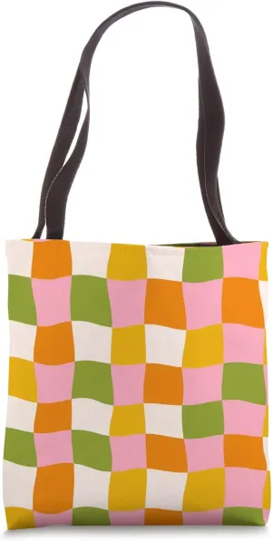 Wavy Checkerboard Grid Design Groovy Pink Orange 70s Y2K Tote Bag