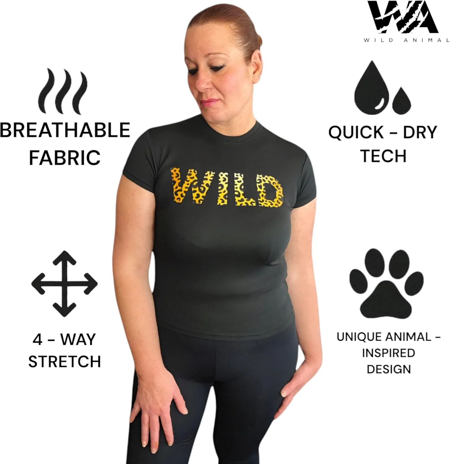 Wild Animal Women's Workout Shirts - Quick Dry, Breathable Gym Tops, Short Sleeve Athletic T-Shirts for Yoga & Fitness