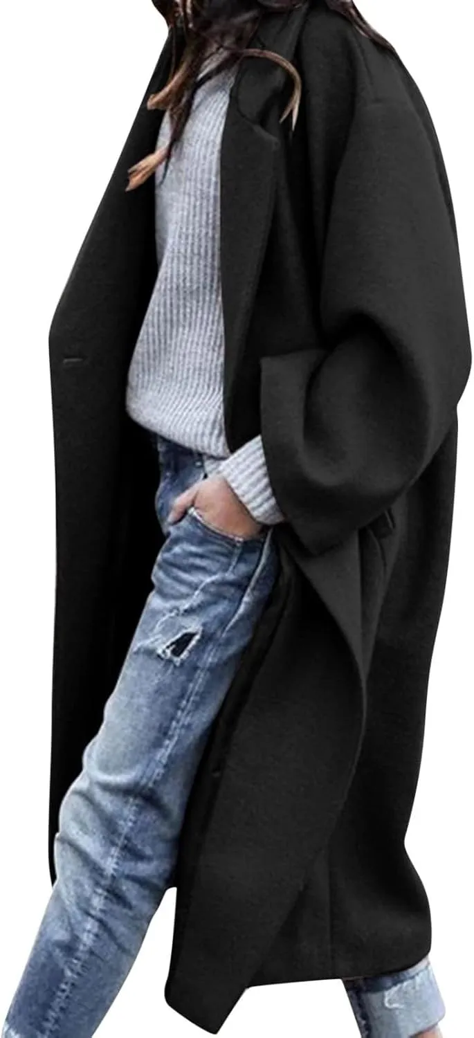 Winter Coats for Women Elegant Essential Notched Collar Mid-Long Woolen Pea Coat Trendy Casual Outwear Trench Coat