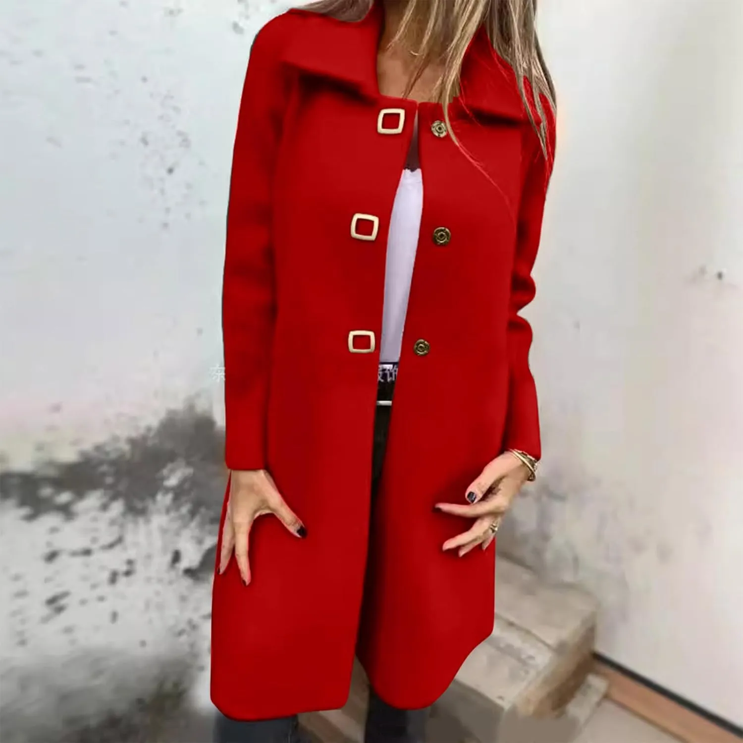Winter Coats for Women Elegant Lapel Collar Single-Breasted Woolen Coat Casual Mid Long Peacoats Fall Trench Coat