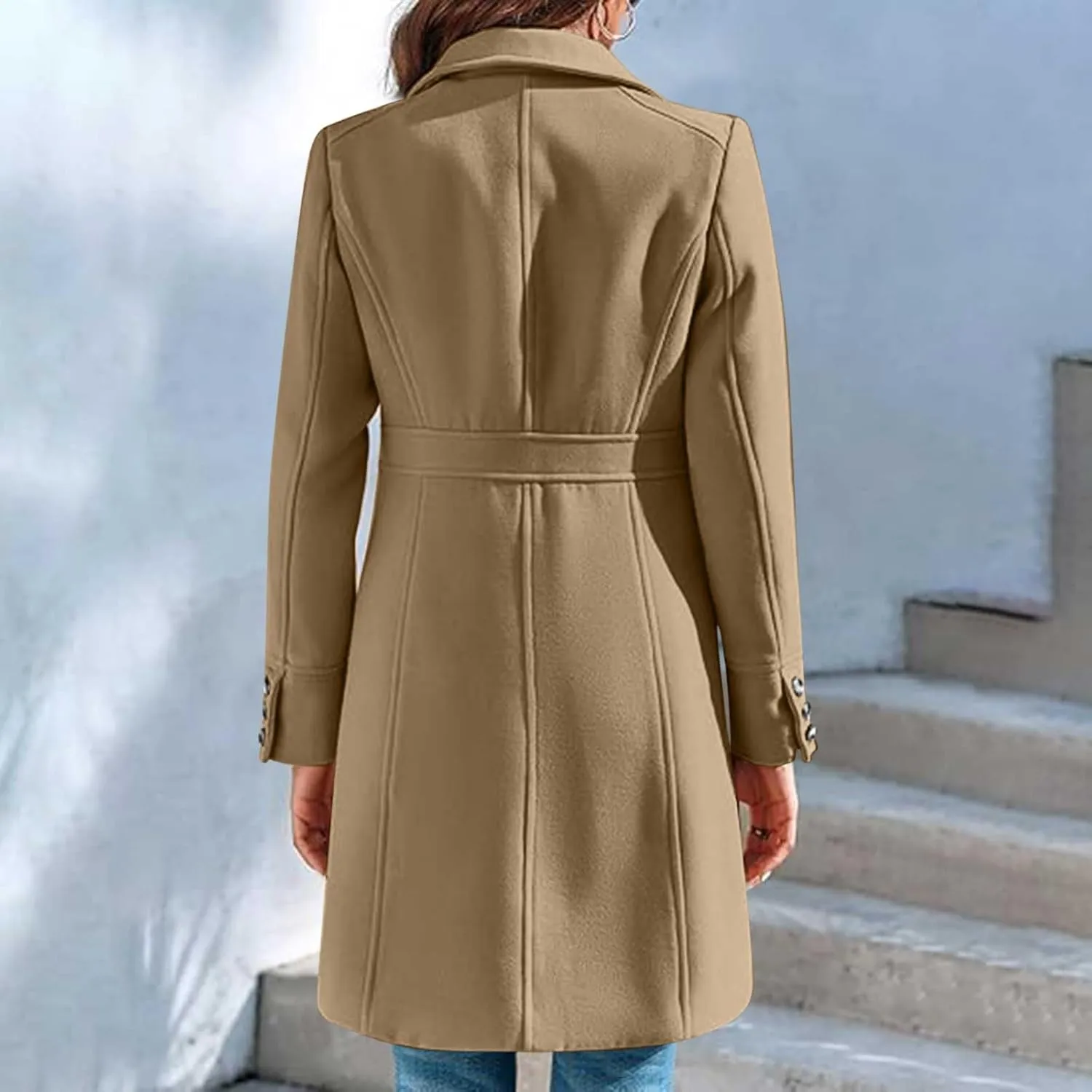 Winter Coats for Women Elegant Lapel Collar Single-Breasted Woolen Coat Casual Mid Long Peacoats Fall Trench Coat
