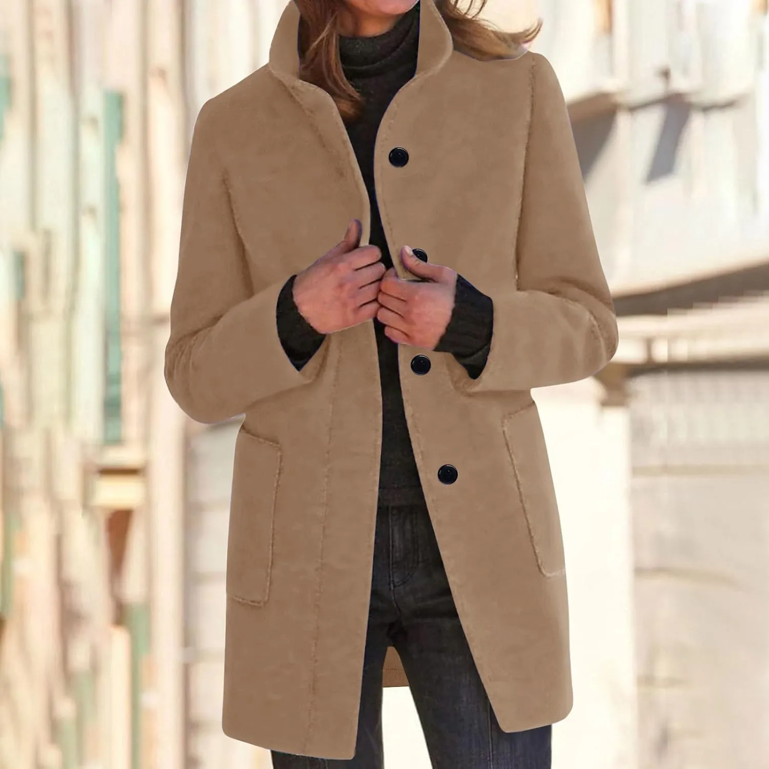 Winter Coats for Women Elegant Lapel Collar Single-Breasted Woolen Coat Casual Mid Long Peacoats Fall Trench Coat