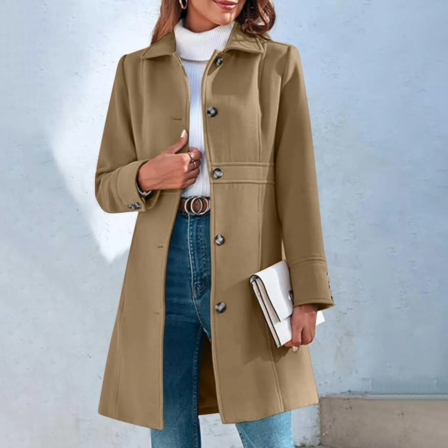 Winter Coats for Women Elegant Lapel Collar Single-Breasted Woolen Coat Casual Mid Long Peacoats Fall Trench Coat