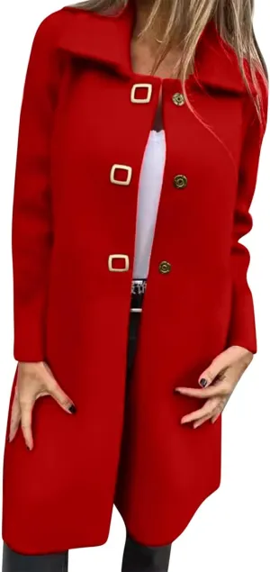 Winter Coats for Women Elegant Lapel Collar Single-Breasted Woolen Coat Casual Mid Long Peacoats Fall Trench Coat