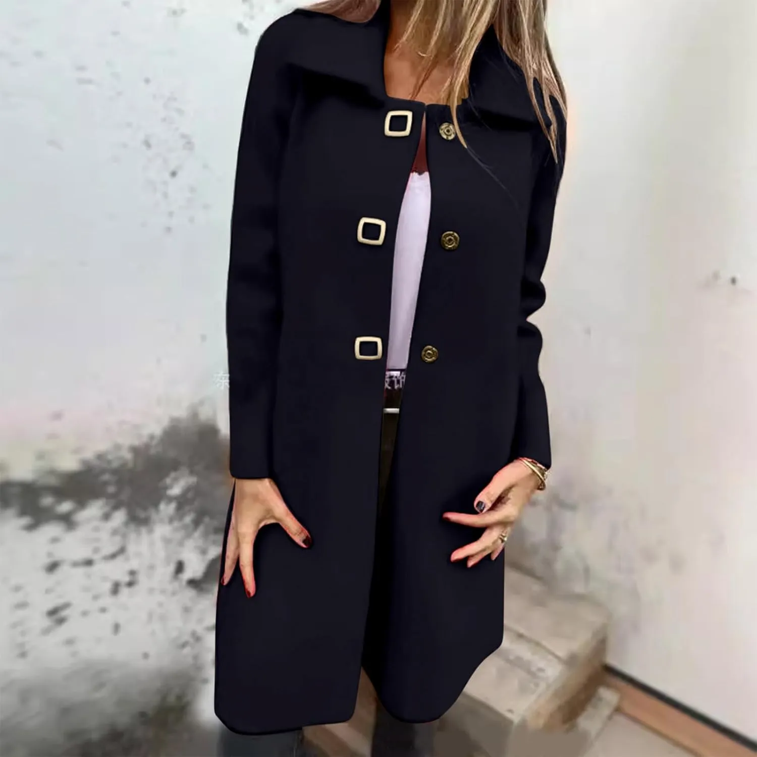 Winter Coats for Women Elegant Lapel Collar Single-Breasted Woolen Coat Casual Mid Long Peacoats Fall Trench Coat