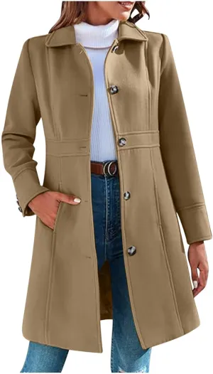 Winter Coats for Women Elegant Lapel Collar Single-Breasted Woolen Coat Casual Mid Long Peacoats Fall Trench Coat