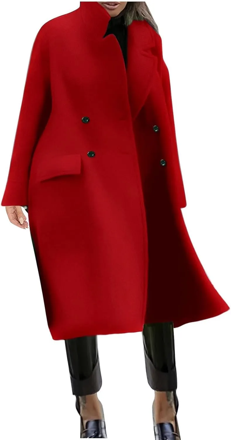 Women Button Wool Overcoats Winter Loose Long Pea Coats Warm Fashion Outwear Solid Elegant Windbreaker Jacket