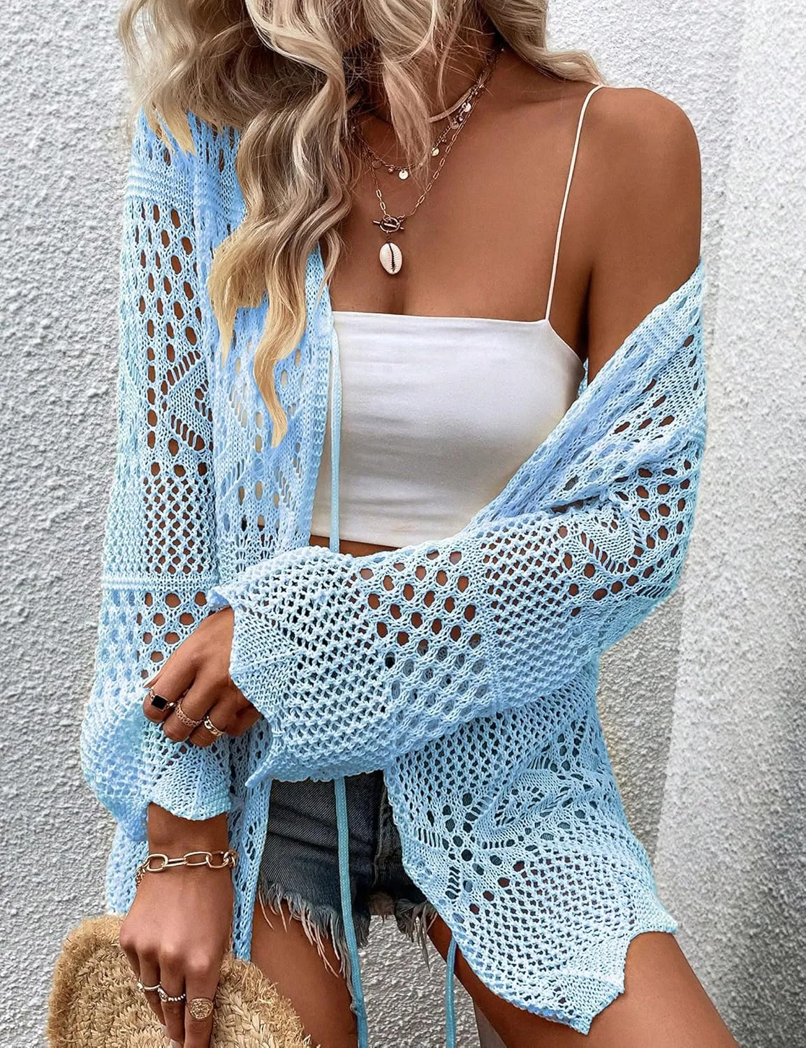 Women Crochet Cardigan Lightweight Tie Front Hollow Out Long Sleeves Summer Knit Cover Cardigans