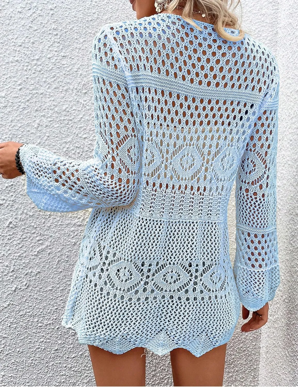 Women Crochet Cardigan Lightweight Tie Front Hollow Out Long Sleeves Summer Knit Cover Cardigans