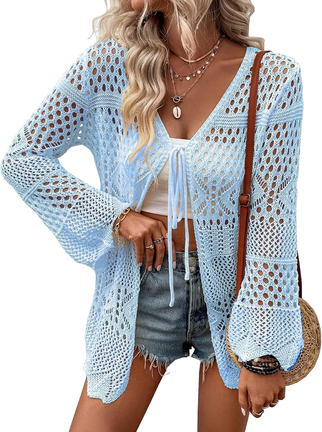 Women Crochet Cardigan Lightweight Tie Front Hollow Out Long Sleeves Summer Knit Cover Cardigans