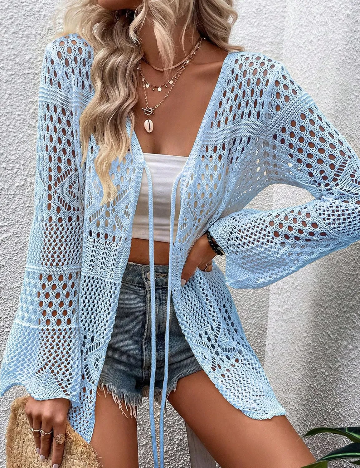 Women Crochet Cardigan Lightweight Tie Front Hollow Out Long Sleeves Summer Knit Cover Cardigans