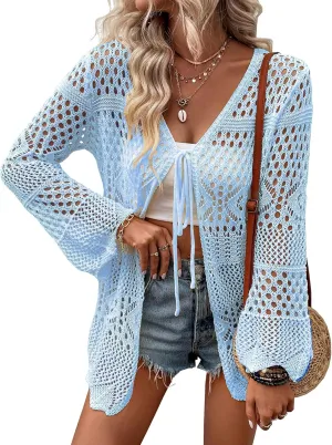 Women Crochet Cardigan Lightweight Tie Front Hollow Out Long Sleeves Summer Knit Cover Cardigans