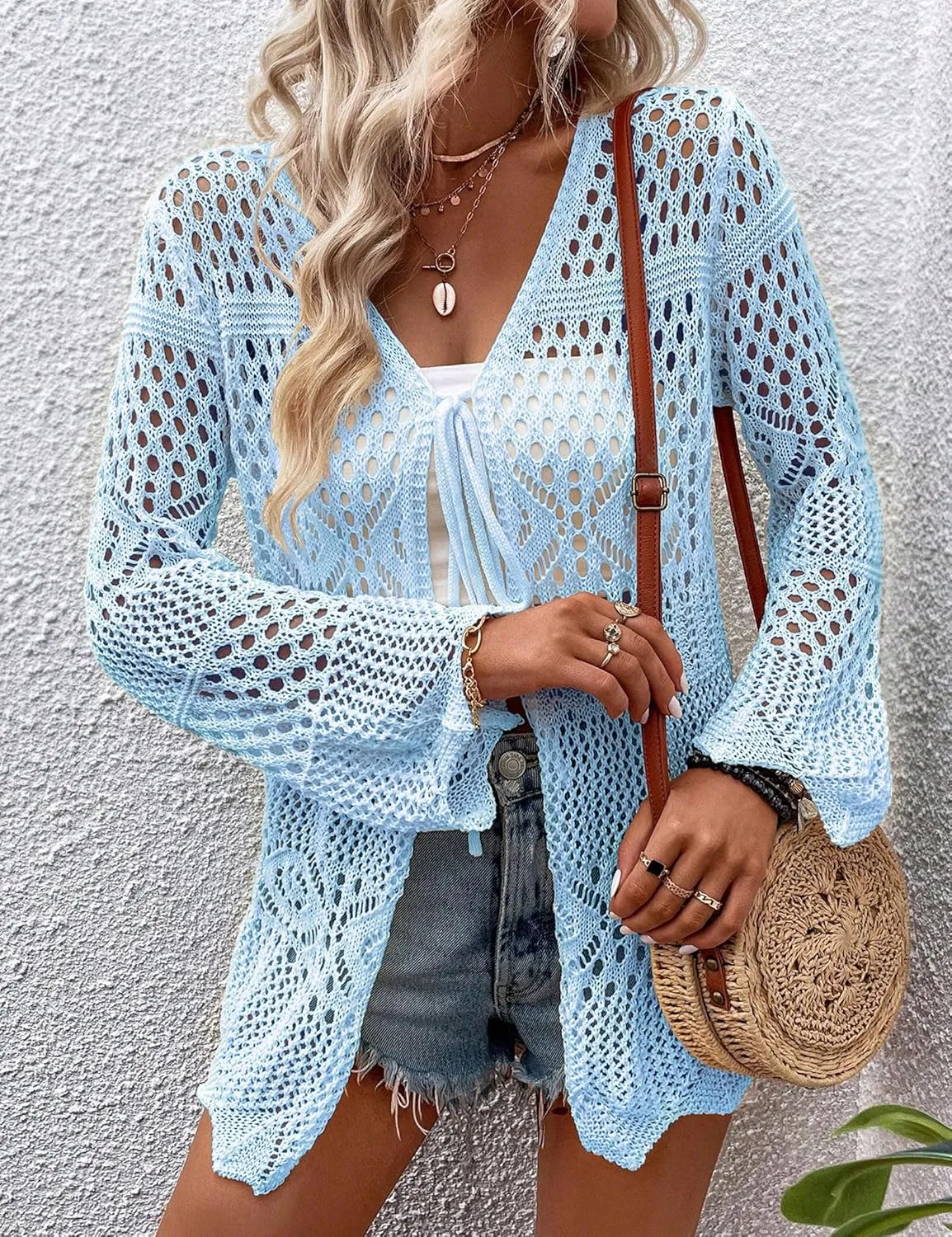 Women Crochet Cardigan Lightweight Tie Front Hollow Out Long Sleeves Summer Knit Cover Cardigans
