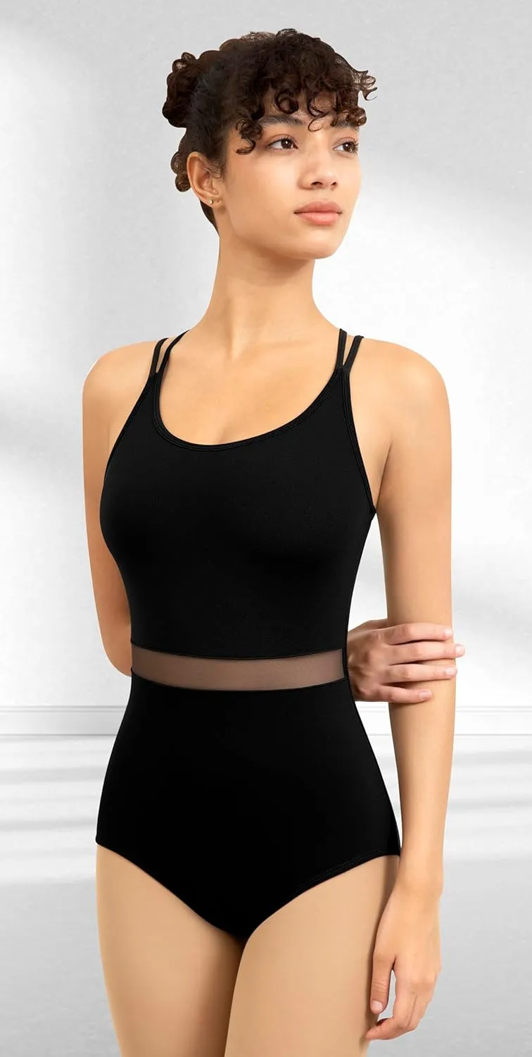 Women Dance Leotard Mesh Camisole Dancewear,Waist Mesh Splicing,Double Back Straps,Full Front Lining