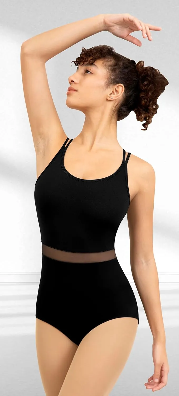 Women Dance Leotard Mesh Camisole Dancewear,Waist Mesh Splicing,Double Back Straps,Full Front Lining