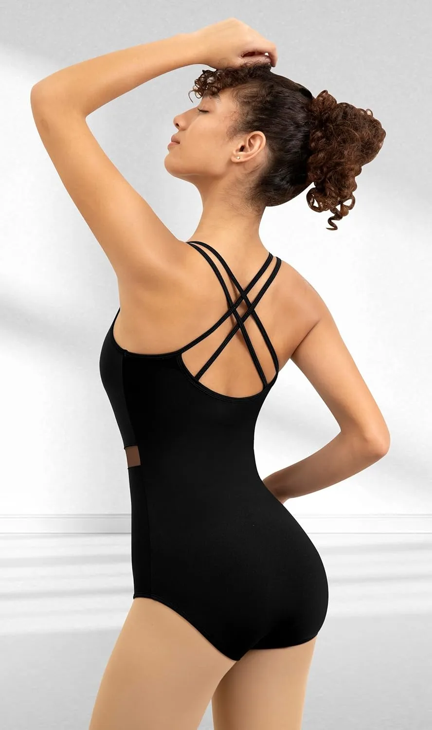 Women Dance Leotard Mesh Camisole Dancewear,Waist Mesh Splicing,Double Back Straps,Full Front Lining