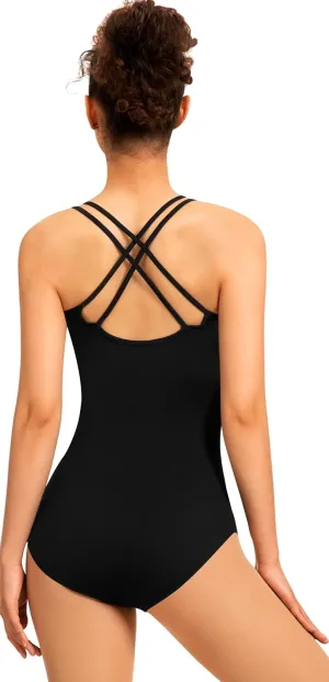 Women Dance Leotard Mesh Camisole Dancewear,Waist Mesh Splicing,Double Back Straps,Full Front Lining