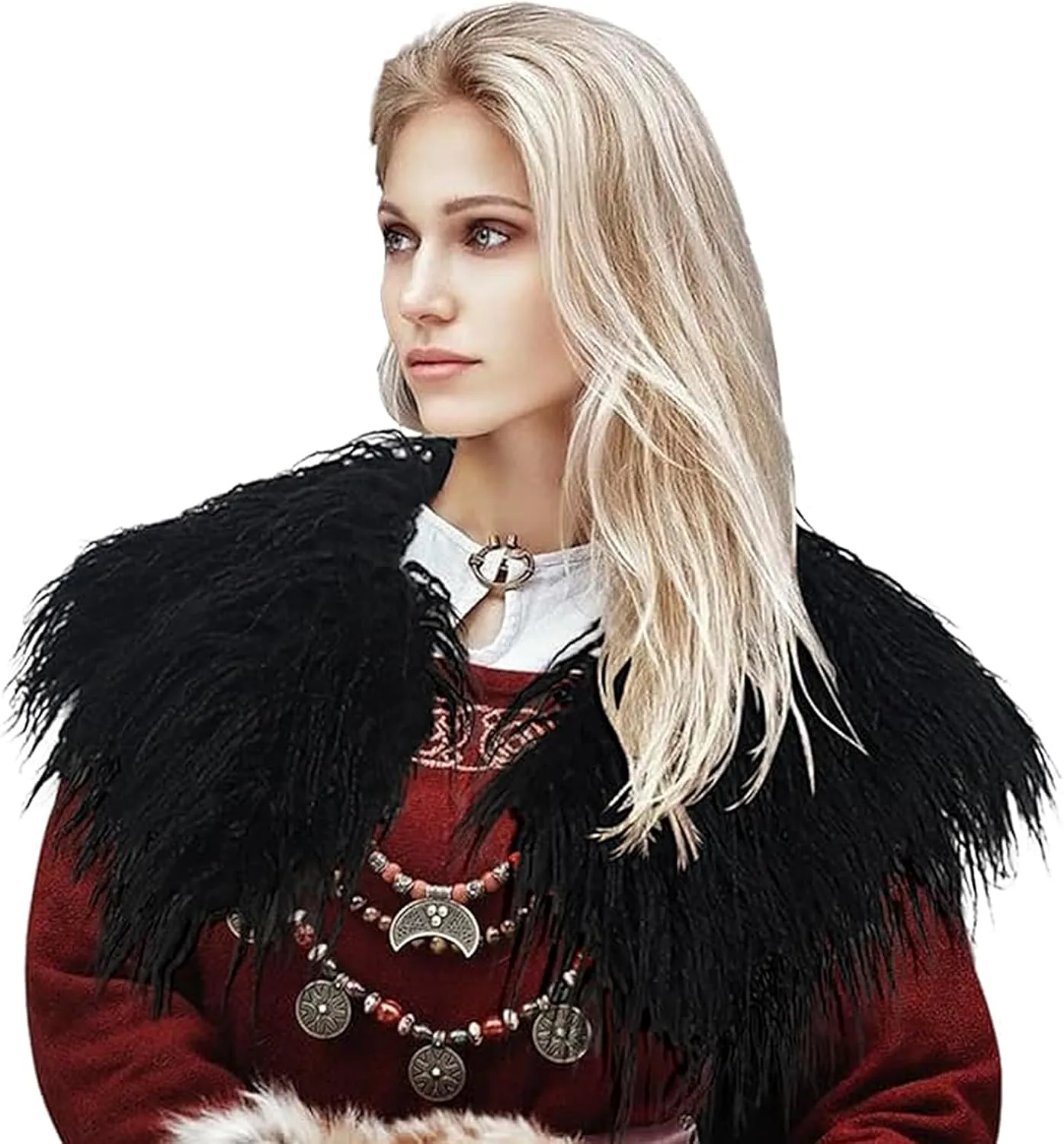 Women Faux Fur Shawl Shrug Queen Viking Halloween Cosplay Shoulder Wrap Collar Scarf Cape Medieval Costume Cloak