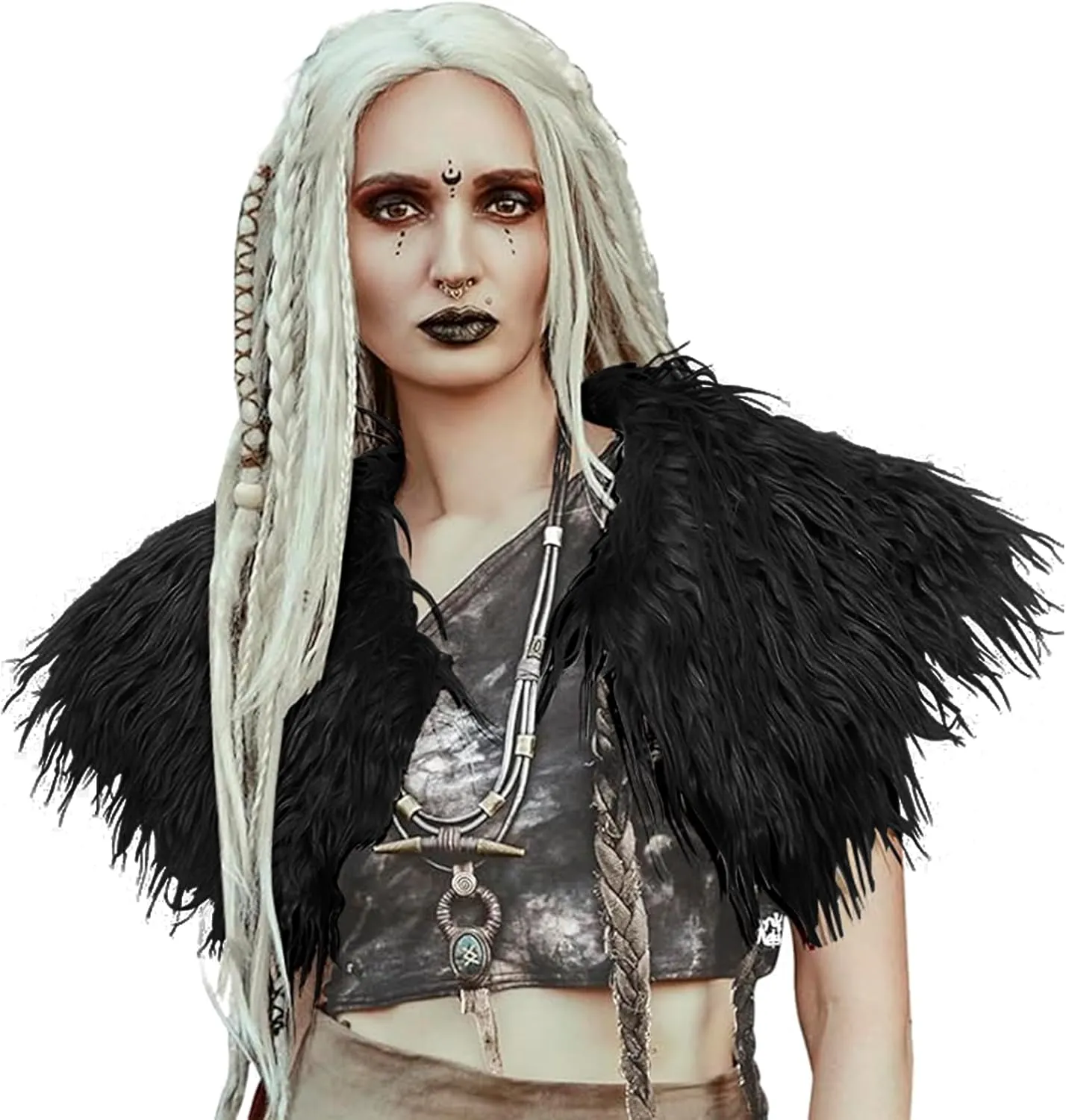 Women Faux Fur Shawl Shrug Queen Viking Halloween Cosplay Shoulder Wrap Collar Scarf Cape Medieval Costume Cloak