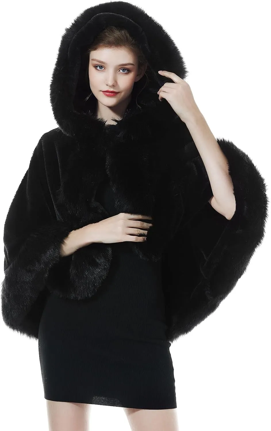 Women Faux Fur Shawls Wraps Bridal Fur Stoles Cloak Coat Fur Trimmed Cape Poncho for Party Wedding Bridal