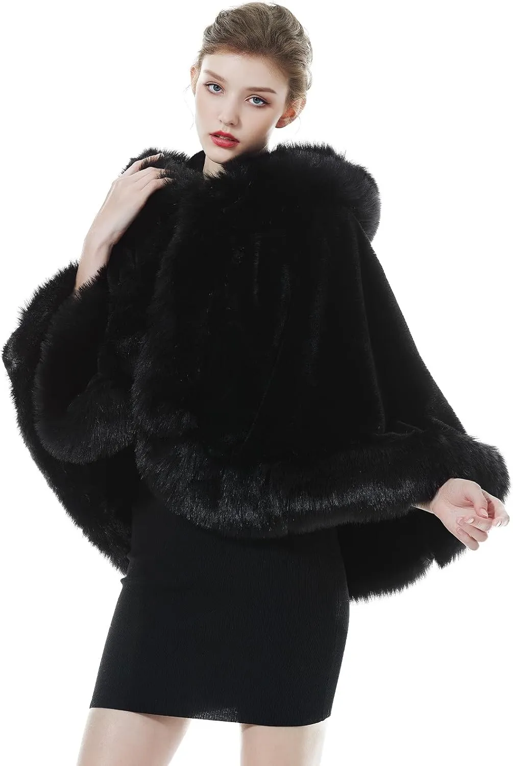 Women Faux Fur Shawls Wraps Bridal Fur Stoles Cloak Coat Fur Trimmed Cape Poncho for Party Wedding Bridal