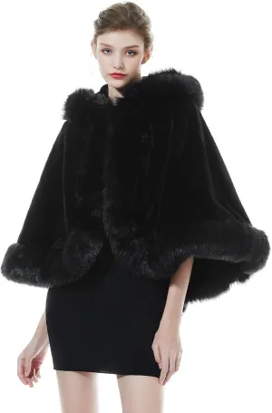 Women Faux Fur Shawls Wraps Bridal Fur Stoles Cloak Coat Fur Trimmed Cape Poncho for Party Wedding Bridal