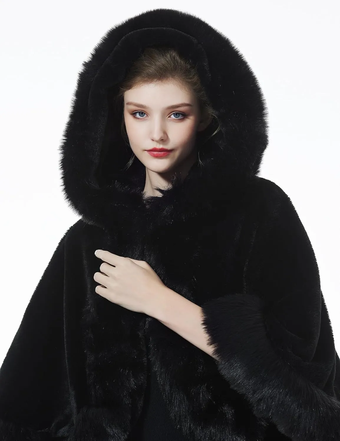 Women Faux Fur Shawls Wraps Bridal Fur Stoles Cloak Coat Fur Trimmed Cape Poncho for Party Wedding Bridal