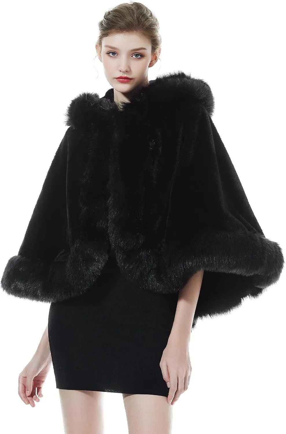 Women Faux Fur Shawls Wraps Bridal Fur Stoles Cloak Coat Fur Trimmed Cape Poncho for Party Wedding Bridal