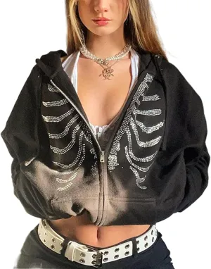 Women Girls Y2k Zip Up Hoodie Vintage Graphic Long Sleeve Oversized Jackets Harajuku Grunge Hooded Sweatshirt