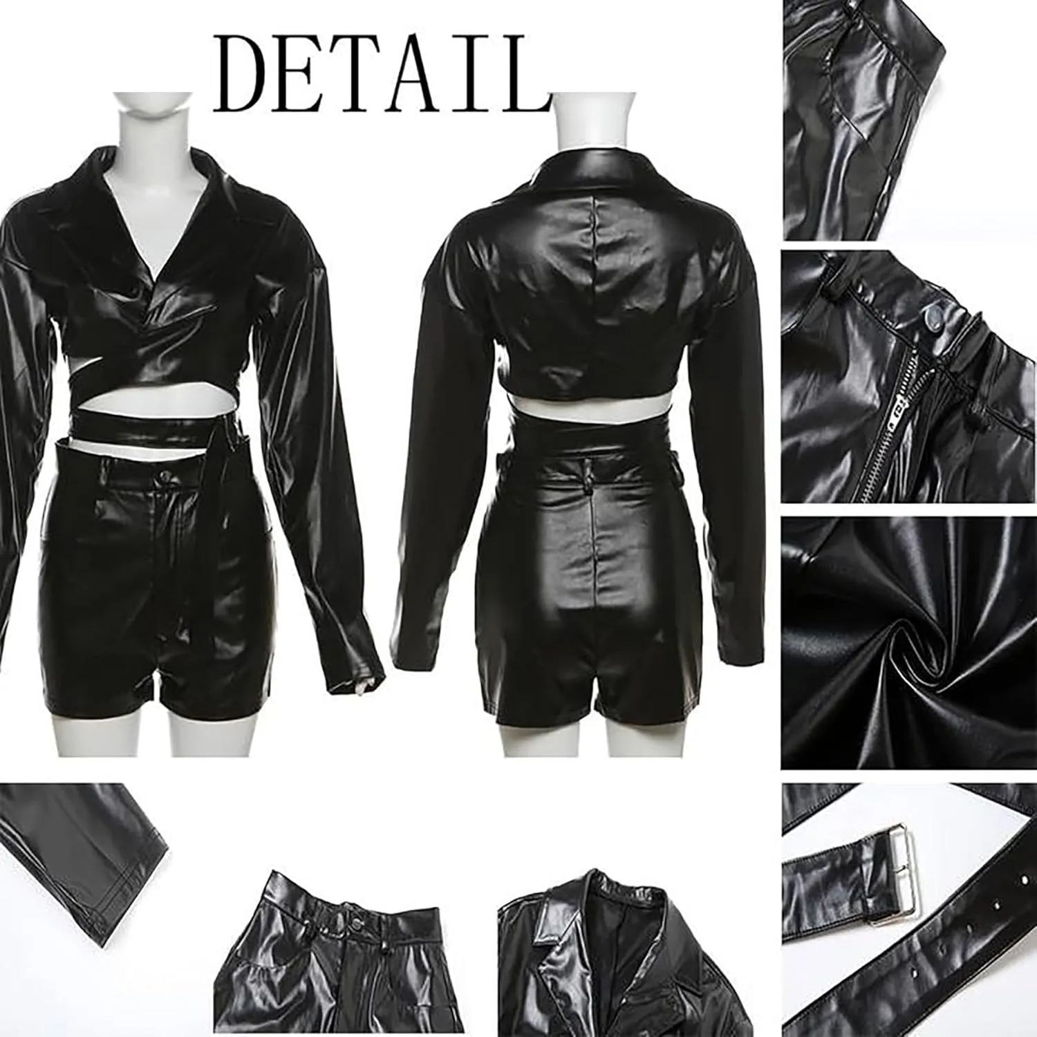 Women Leather 2 Piece Fall Outfits Cropped PU Faux Leather Jacket High Waisted Black Mini Leather Shorts Sets