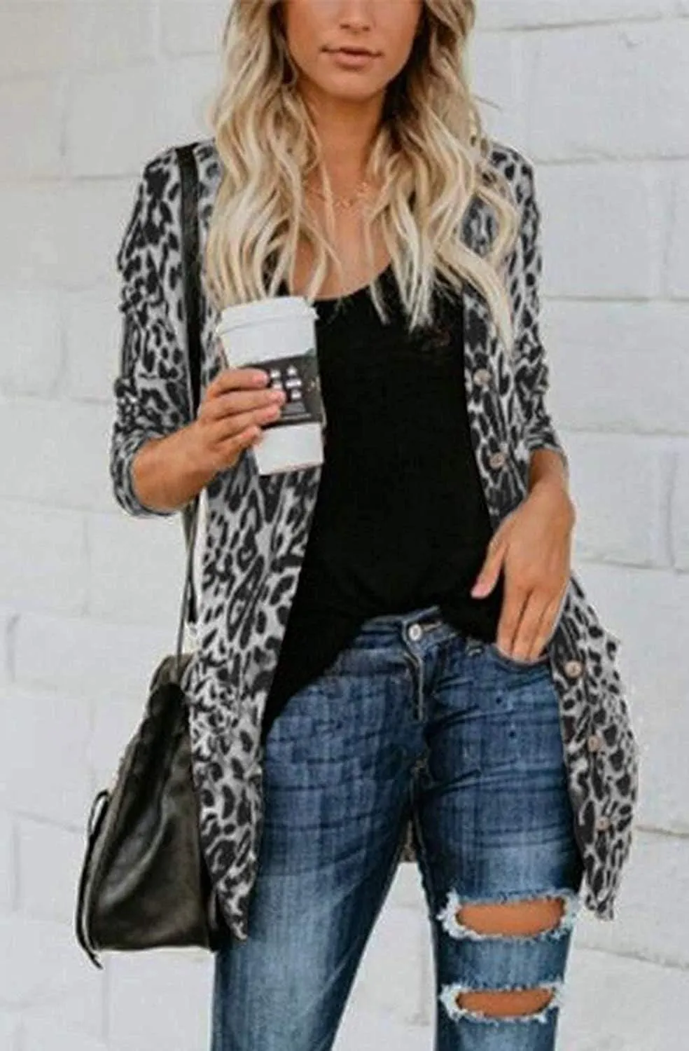 Women Lightweight Cardigan Leopard Printed Button Down Cardigans Shirt W Pockets(S-2XL)