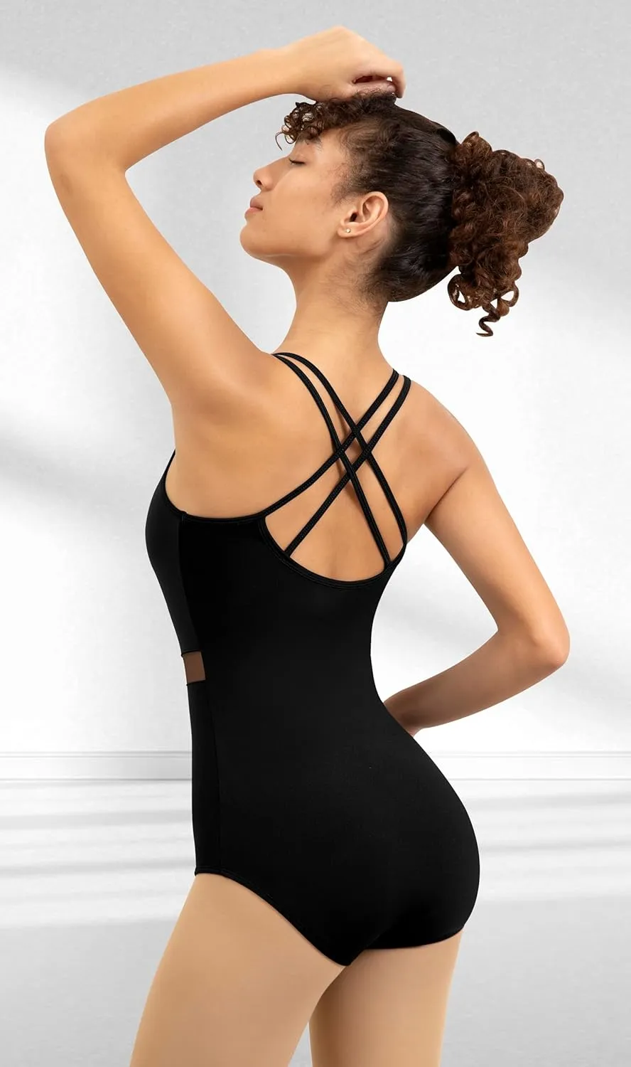 Women Long Sleeve Dance Leotard for Ballet V-Mesh Mock Neck Dancewear,Water-drop Hollow Back,Chest Lining