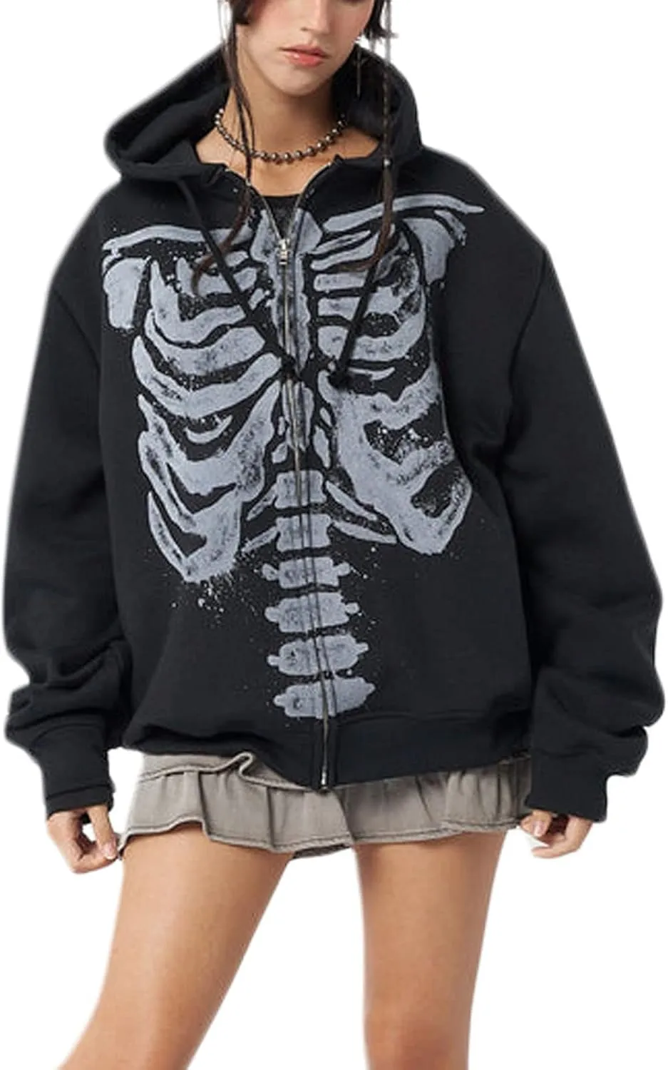 Women Men Y2k Zip Up Hoodie Oversized Skeleton Graphic Hoodies Jacket Aesthetic Vintage Gothic Grunge Sweatshirt