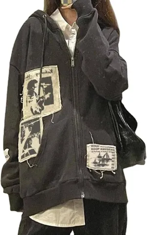 Women Men Y2k Zip Up Hoodie Oversized Skeleton Graphic Hoodies Jacket Aesthetic Vintage Gothic Grunge Sweatshirt