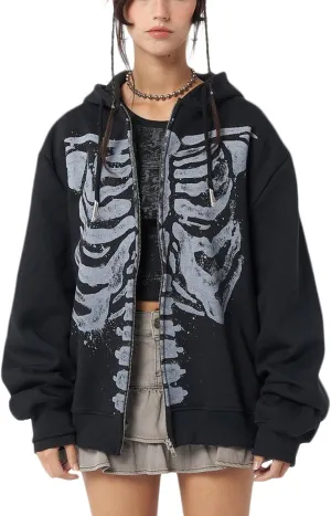 Women Men Y2k Zip Up Hoodie Oversized Skeleton Graphic Hoodies Jacket Aesthetic Vintage Gothic Grunge Sweatshirt
