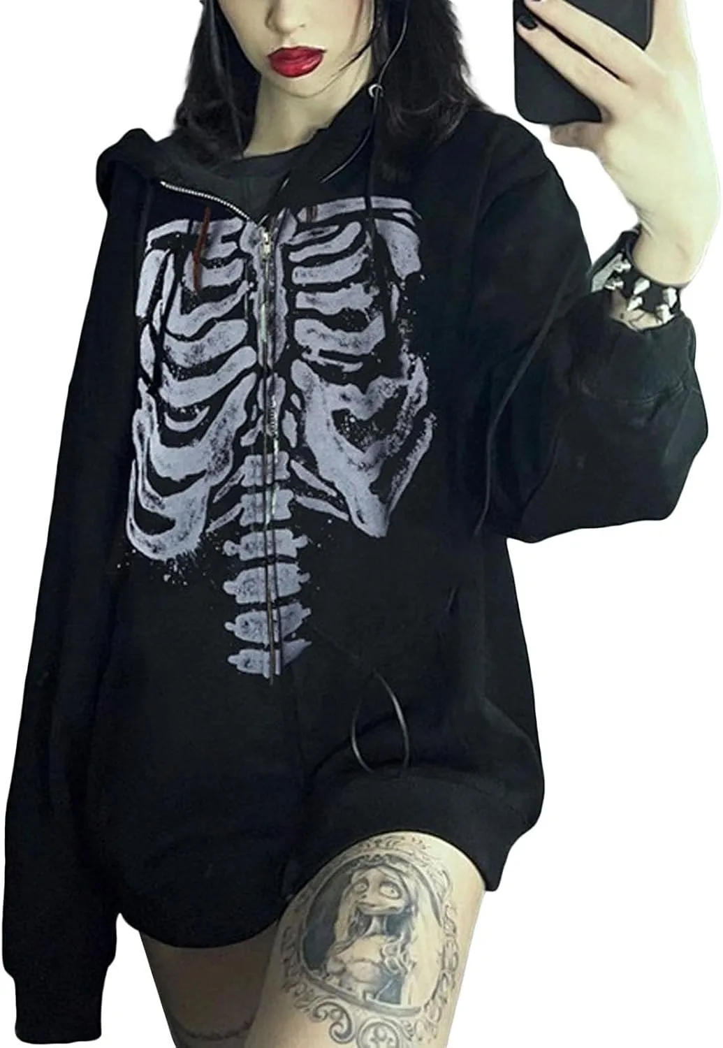 Women Men Y2k Zip Up Hoodie Oversized Skeleton Graphic Hoodies Jacket Aesthetic Vintage Gothic Grunge Sweatshirt