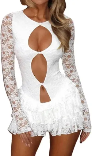 Women O-Neck Long Sleeved Ruffle Mini Dress Patchwork Lace Embroidery Hollow Dress
