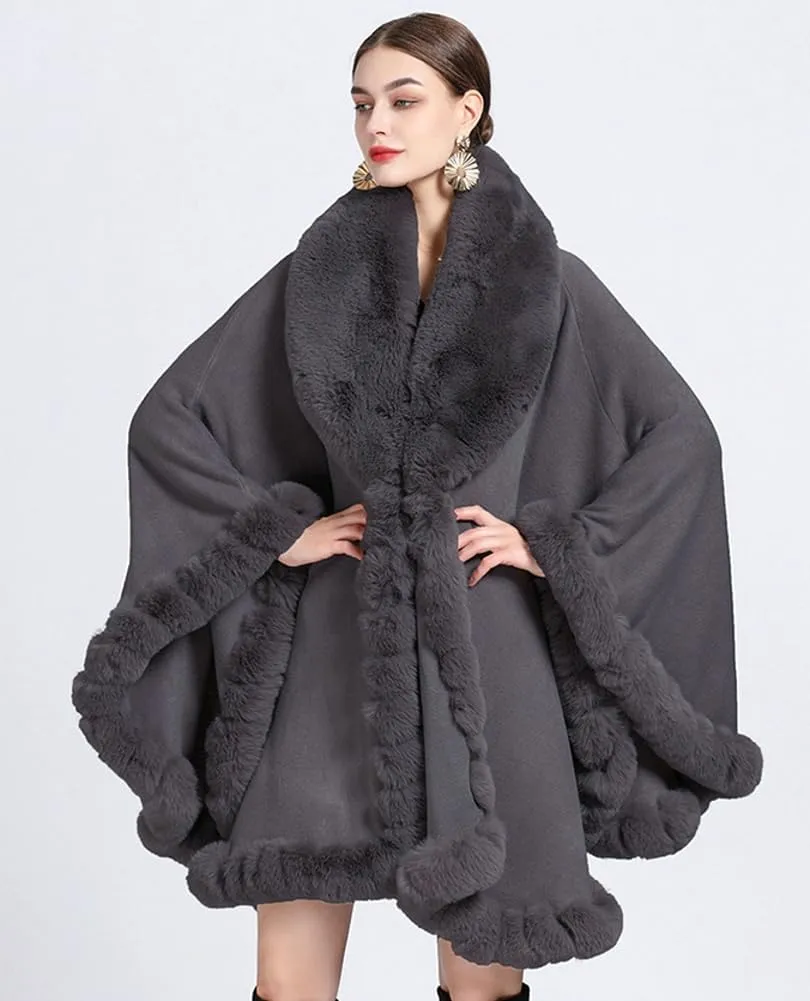 Women Poncho Cape Faux Fur Collar Knitted Cardigan Sweater Batwing Long Sleeve Shawl Wrap Coat Oversized Cloak