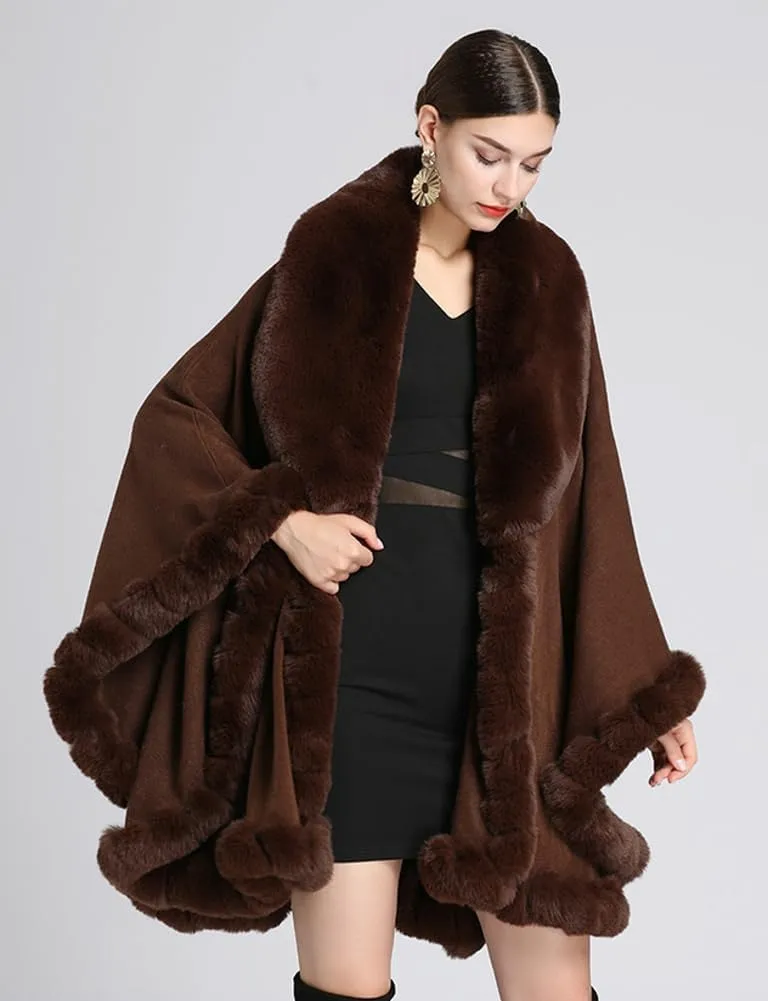 Women Poncho Cape Faux Fur Collar Knitted Cardigan Sweater Batwing Long Sleeve Shawl Wrap Coat Oversized Cloak