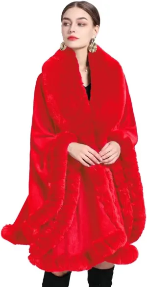 Women Poncho Cape Faux Fur Collar Knitted Cardigan Sweater Batwing Long Sleeve Shawl Wrap Coat Oversized Cloak