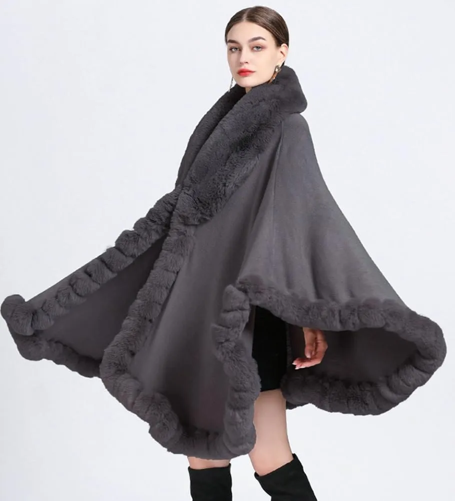 Women Poncho Cape Faux Fur Collar Knitted Cardigan Sweater Batwing Long Sleeve Shawl Wrap Coat Oversized Cloak