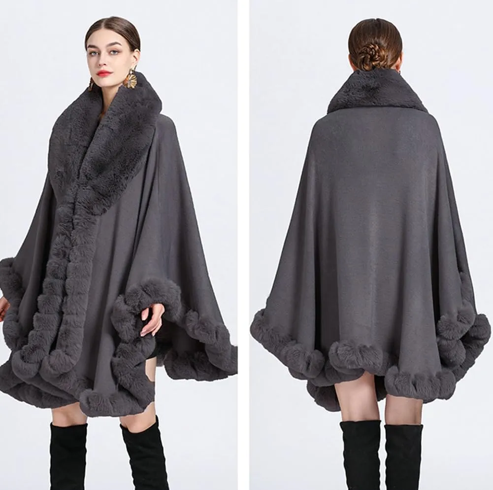 Women Poncho Cape Faux Fur Collar Knitted Cardigan Sweater Batwing Long Sleeve Shawl Wrap Coat Oversized Cloak