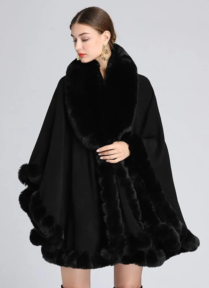 Women Poncho Cape Faux Fur Collar Knitted Cardigan Sweater Batwing Long Sleeve Shawl Wrap Coat Oversized Cloak