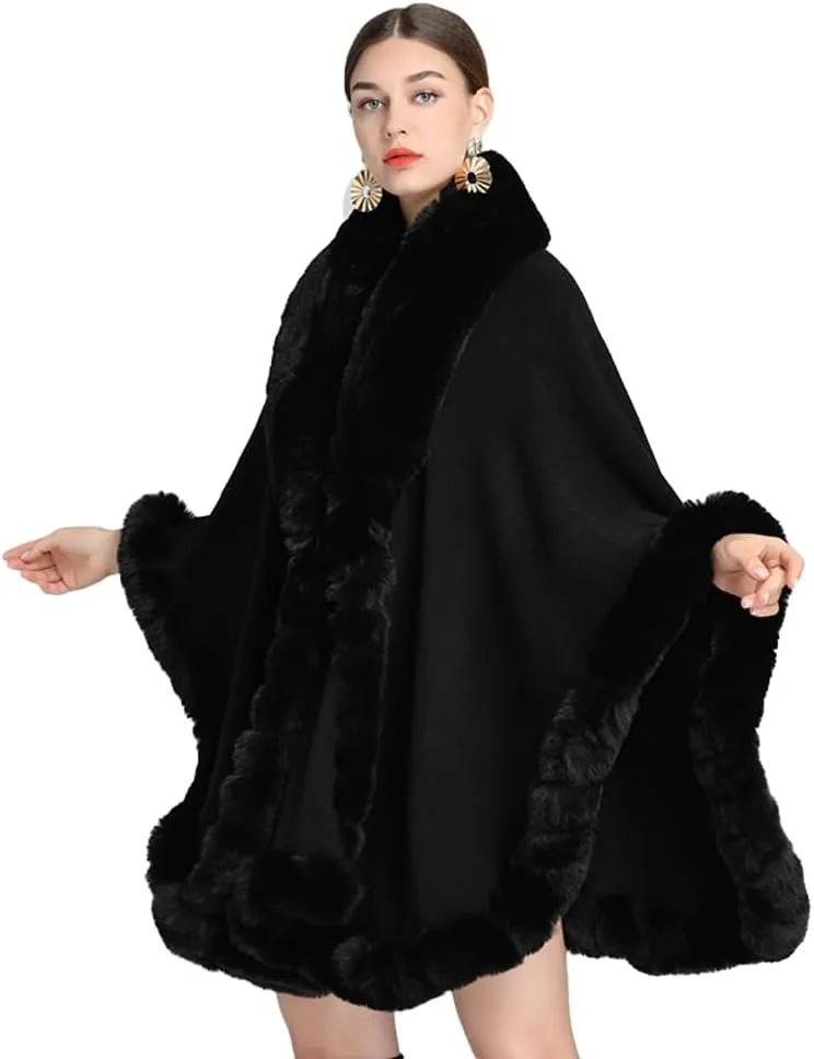 Women Poncho Cape Faux Fur Collar Knitted Cardigan Sweater Batwing Long Sleeve Shawl Wrap Coat Oversized Cloak