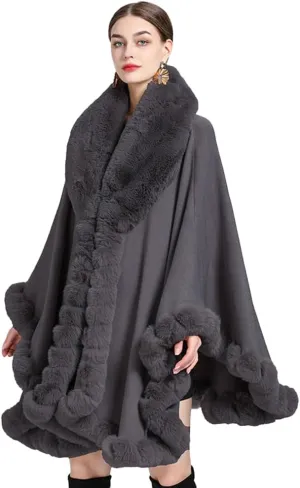 Women Poncho Cape Faux Fur Collar Knitted Cardigan Sweater Batwing Long Sleeve Shawl Wrap Coat Oversized Cloak