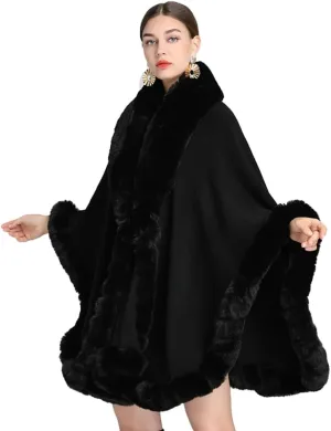 Women Poncho Cape Faux Fur Collar Knitted Cardigan Sweater Batwing Long Sleeve Shawl Wrap Coat Oversized Cloak